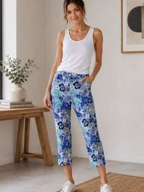 ESS Floral Cropped Womens Blue Mid Rise Cotton Blend Ankle Pants NWT SZ 10P -8P
